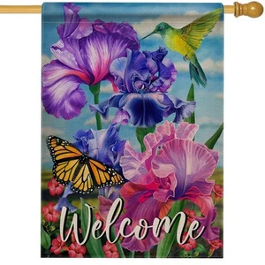 Welcome Spring Hummingbird Iris Garden Flag Double Sided, Purple Flower Bird ... - Picture 1 of 6
