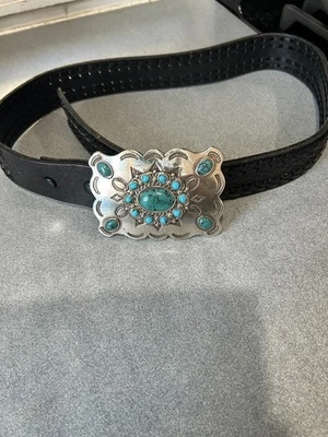 IMPRESIONANTE CINTURÓN TRENZADO HECHO EN MEXICO PLATEADO PIEDRAS TURQUESA NEGRO TALLA SM/M Foto 1 de 4