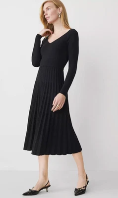 NUEVO VESTIDO MIDI SUÉTER PLISADO CUELLO EN V PETITE NEGRO ANN TAYLOR TALLA SP Foto 1 de 4