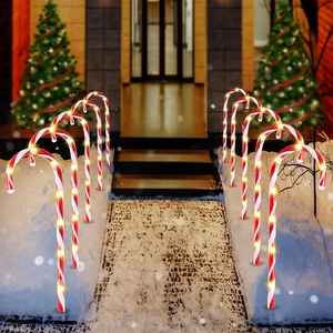 Set of 12 Garden Lights Outdoor Pathway Yard 16"Christmas Candy Cane Markers - Picture 1 of 12