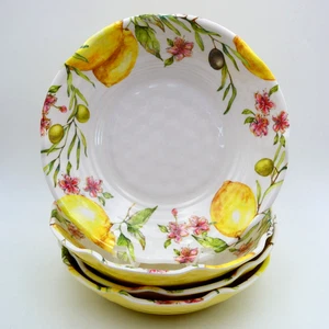 Shabby Chic Pasta Salad Bowls Lemon Olive Floral Melamine 9 inch Set of 4 EUC - Picture 1 of 8