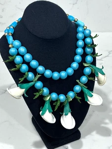 Vintage Halskette Perlen blau Statement Trompete Blume Lilie Statement Floral - Bild 1 von 16