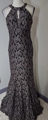 NightWay Gold/Black Sequined Key Hole Halter-Neck Lace Mermaid Dress Size 10 - Image 1 of 4