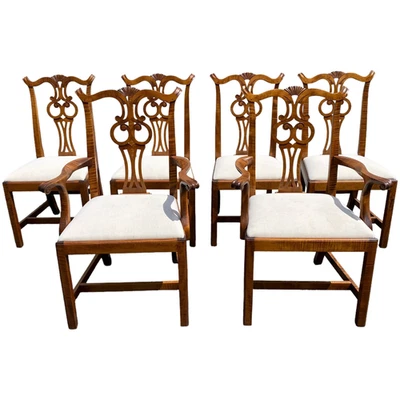 Set of Six D.R. Dimes Tiger Maple Chippendale Style Dining Chairs - Image 1 of 4