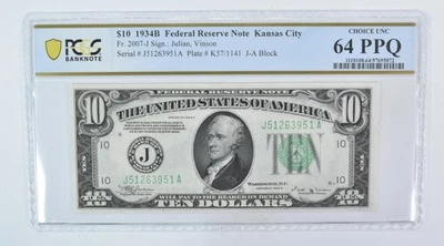 1934 B $10 Kansas City MO FRN Fr#2007-J Choice Unc 64 PPQ PCGS *5981 - Image 1 of 3