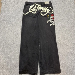 Vintage Ed Hardy Jeans Women 32 Black 90s Baggy Wide Leg Skull Embroidered Denim - Picture 1 of 15