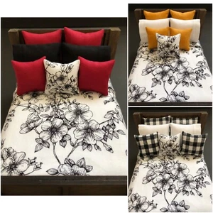 Miniature dollhouse bedding.Scale 1:12. Modern bed linen.black flowers on white - Picture 1 of 15