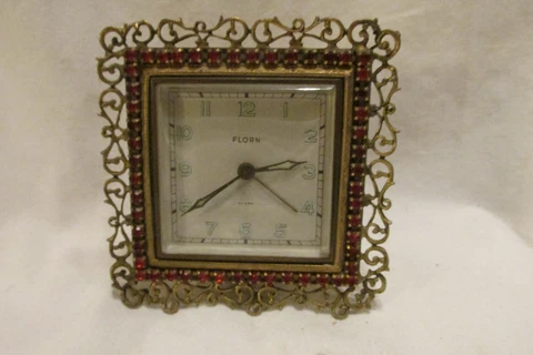 Vintage Florn Brass & Ruby Glass Stones Dresser Wind Up Clock Germany U.S. Zone Cover
