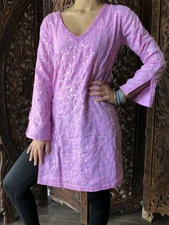 Boho Gypsy Hippy Floral Pink Sequin Work Cotton Summer Blouse Kurti Tunic S 