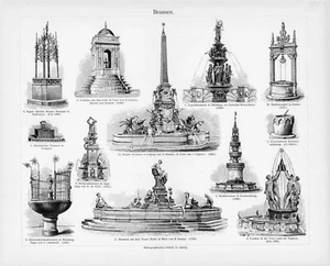 1905 DECORATIVE FOUNTAINS VINTAGE ENGRAVING ILLUSTRATION PRINT 2pg CENTERFOLD - Picture 1 of 3