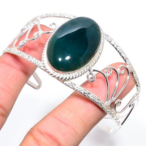 VALENTINO Green Blood Gemstone 925 Sterling Silver Jewelry Cuff Bracelet Adjustable