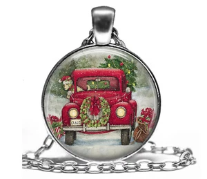 Retro Christmas Truck Wreath Gift Pendant Necklace 24" Country Theme Holiday - Picture 1 of 5