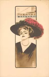 Edwardianische Frau Hut "Theater" um 1910 handkolorierte Kunst Vintage Postkarte - Bild 1 von 1