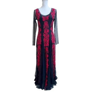 JOHNNY WAS NUOVO SENZA ETICHETTE Maxi Abito Maglia Lungo Slv Ricamato Nero Rosso Tg S Godet - Foto 1 di 6
