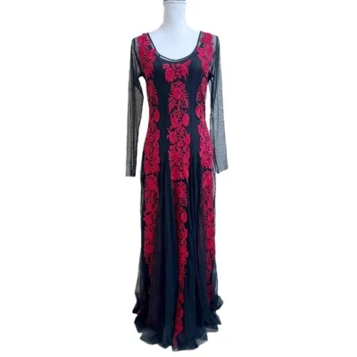 JOHNNY WAS NUEVO Maxi Vestido de Malla Largo Slv Bordado Negro Rojo S Godet Whimsygoth Foto 1 de 4