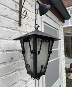 French Lantern Porch Light Pendant Vintage Spanish Revival Black  Iron Vintage - Picture 1 of 23