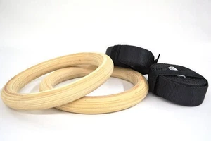 WOOD WOODEN GYM RINGS ADJUSTABLE STRAPS CROSS-FIT STRENGTH TRAINING Metal buckle - Imagen 1 de 2