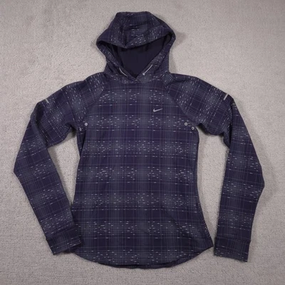 Nike Dri-FIT Sudadera con Capucha Mujer Pequeña Azul Marino Estampado de Rejilla Correr Pullover Bolsillo con Cremallera Foto 1 de 4