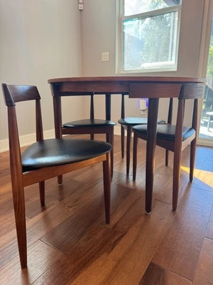 "Juego de mesa de comedor vintage danés de teca Hans Olsen Frem Rojle + 4 sillas 42""" Foto 1 de 4