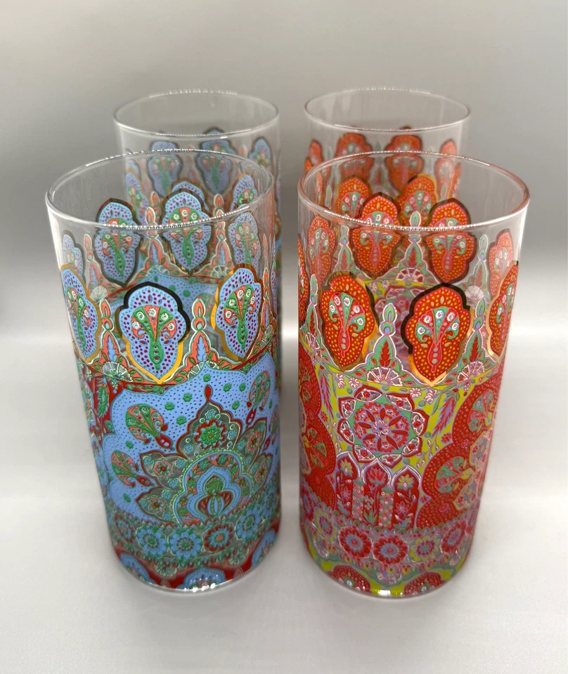 4 World Market Boho Red & Blue Peacock Double Old Fashioned Juice Glasses - Image 1 of 4
