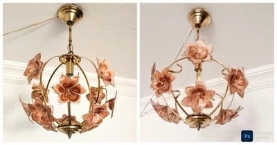 Pair Match 1980s Murano Vintage Chandelier  Daisies  Amber Floral Glass Romantic - Image 1 of 4
