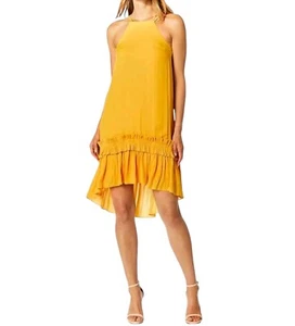 Halston Heritage Women Yellow Ruffled Sleeveless Dress High Low NWT Dress Size L - Picture 1 of 9