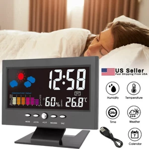 LED Digital Alarm Clock Snooze Calendar Thermometer Hygrometer Weather Display - Picture 1 of 17