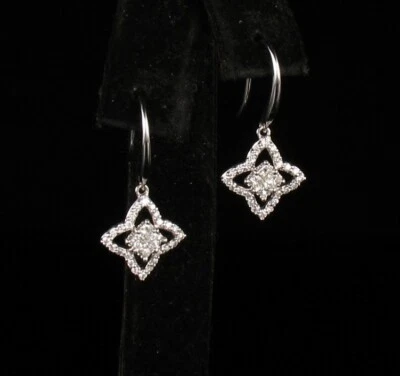 DESIGNER NATURAL DIAMOND 14K WHITE GOLD QUATREFOIL STYLE DANGLE DROP EARRINGS - Image 1 of 4