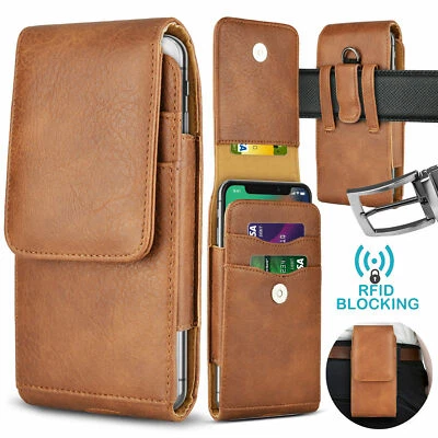 Vertical Cell Phone Holster Pouch Leather Wallet Case Universal w/Belt Clip Loop - Image 1 of 4