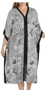ELLEN TRACY Plus Size Zip-Front Wide Sleeve Printed White Grid Kaftan 1X NWOT - Picture 1 of 12