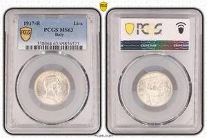 ITALY SILVER 1 LIRA UNC COIN 1917 YEAR KM#57 VICTOR EMMANUEL PCGS GRADING MS63 - Picture 1 of 1