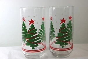 2 Libbey Christmas Holiday Glasses Tumbler Green Red Scribble Abstract Tree High - Picture 1 of 4