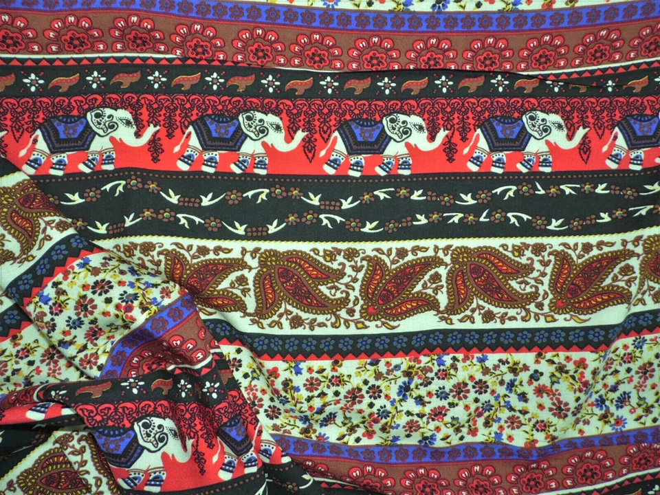 Tela de ropa de rayón Challis elefante tribal cachemira floral rojo marrón negro F402 Foto 1 de 1