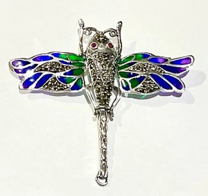 Sterling Silver Plique a Jour Ruby Marcasite Dragonfly Large 2” Statement Brooch - Picture 1 of 4