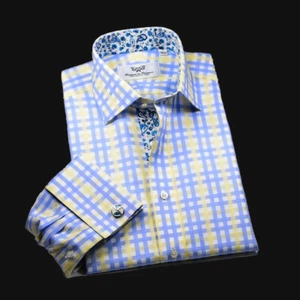 Blue & Yellow Check Formal Business Dress Shirt Paisley inner Lining Elegant - Picture 1 of 6