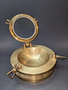 VTG 60's Brass & Glass Nautical Porthole Navy Ashtray Military Art Trinket Dish - Bild 1 von 10