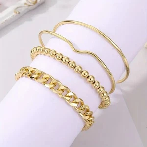 Juego de 4 brazaletes apilables de joyería creativa con cuentas en tono dorado - Imagen 1 de 7
