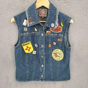 Double D Ranch Vest Women's Small Blue Denim Western Pins Patches - Picture 1 of 10