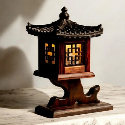 Korean Handmade Wood Lamp | Traditional Bedside Table Light, 25cm Oriental Decor - Image 1 of 2