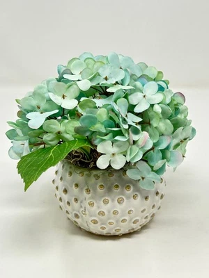 Mini 5.5" Artificial AZUL-VERDE HORTENSIA imitación seda flor maceta en crema punto C Foto 1 de 4