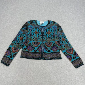 Papell Boutique Evening Trophy Jacket WMN M Blue Silk Sequin Beaded Vtg Brocade - Picture 1 of 14