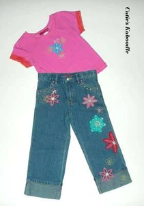 NWT MIMI & MAGGIE Pink Tee Applique Beaded 3D Flower Denim Jean 2pc Set 4 4T - Picture 1 of 1
