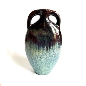 Artist signed 11” Tall Blue, G and Brown Glaze Pottery Vase Jug With Handles - Picture 1 of 8