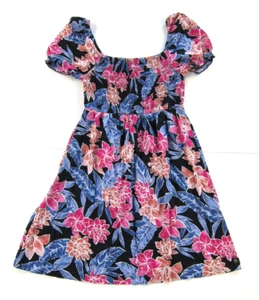 ROXY 100% Rayon Black Pink Purple Floral Short Sleeve Sheath Smock Sun Dress XS - Picture 1 of 6