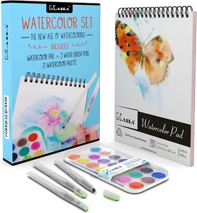KASSA WATERCOLOUR SET - PAINTING PAD + WATER BRUSH PENS + 21 PAINT PALETTE *NEW* - Picture 1 of 7