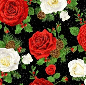 Timeless Treasures Winter Rose Large Red And White Rose Fabric by the Yard - Picture 1 of 3