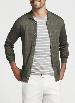 Peter Millar Villa Men's Full-Button Cardigan Linen Wool Sweater Kelp $348 NEW L - Image 1 of 4