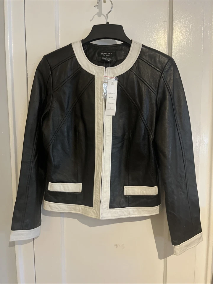 Clothes By Revue Lamb Leather Jacket Woman Size 8 Black White Contrast Trim New - Image 1 of 4