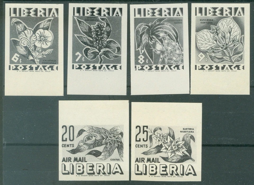 Liberia 1955, Juego de flores pruebas imperforadas completamente en negro, NH #350-3, C91-2 Foto 1 de 1