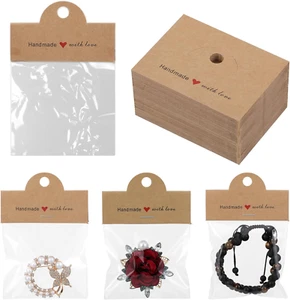 100 Pcs Brown Bracelet Cards & Jewelry Bags – Kraft Hanging Packaging for Small - Picture 1 of 12